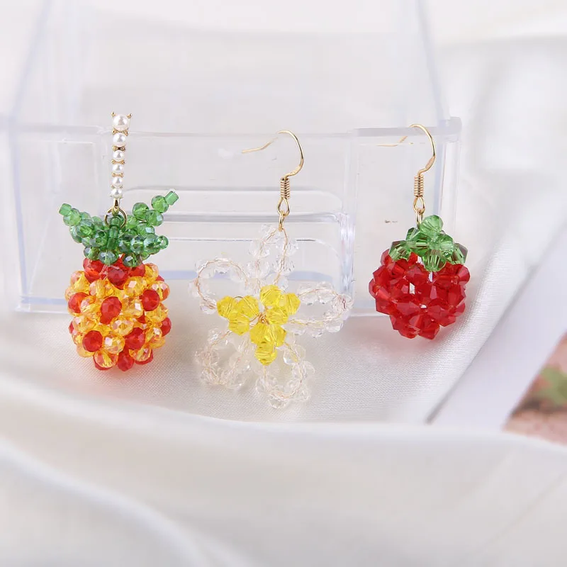 1pcs Diy Ornament Summer Fun Fruit Glass Crystal Woven Millet Beads Flower Strawberry Pineapple Pendant Handmade Charms