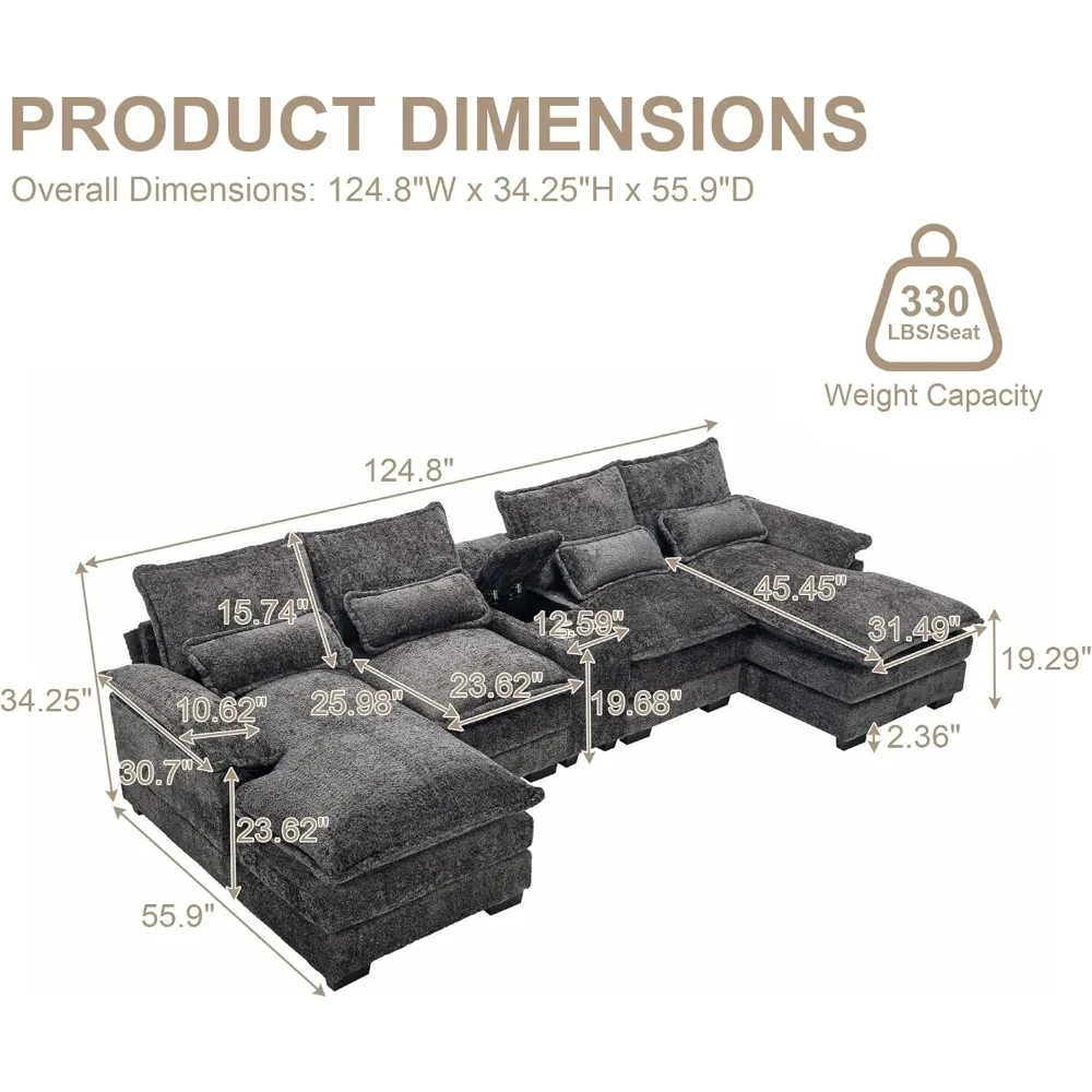 Sofá secional modular de 124,8" com console, porta-copos e portas USB, sofá moderno em forma de U com espreguiçadeira dupla e assento profundo