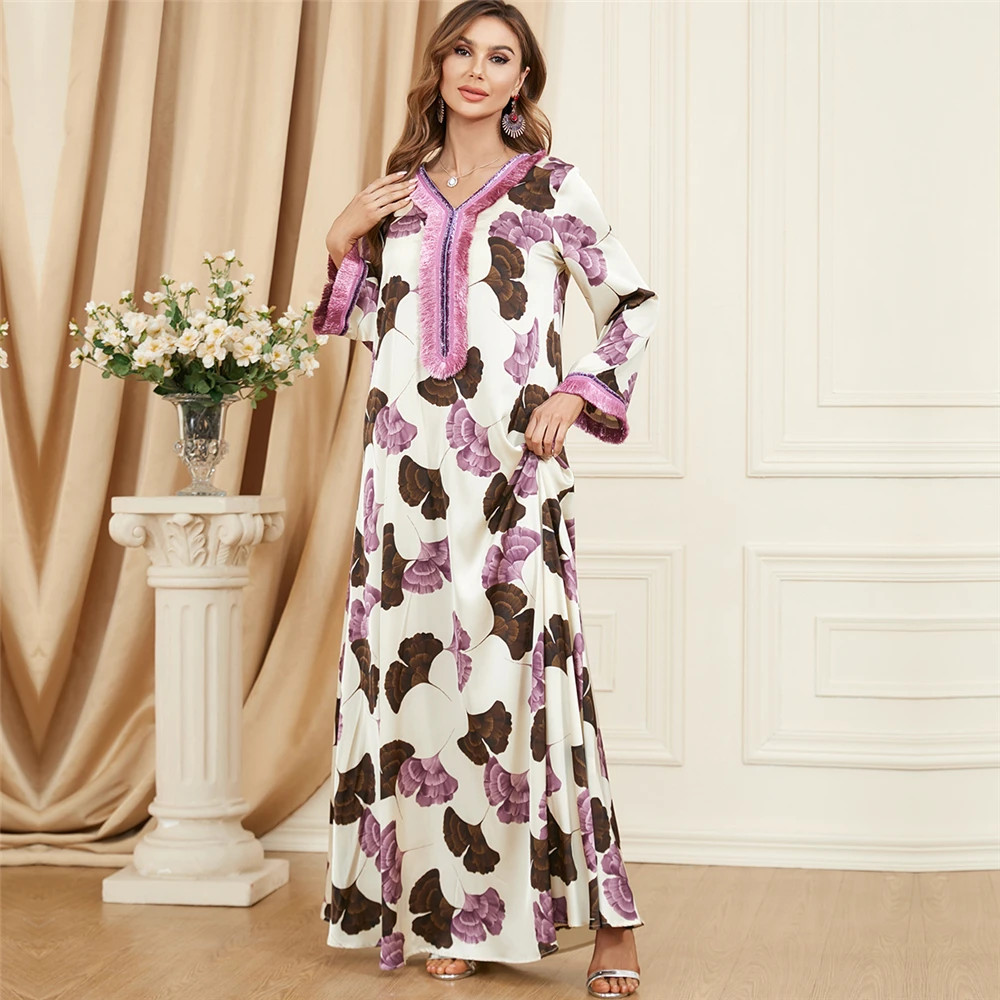 

Muslim Abaya Tassel Print Long Dresses Gulf Jalabiya Dubai Arabic Split Hem Evening Dress Moroccan Kaftan Ramadan Eid Robe Gown