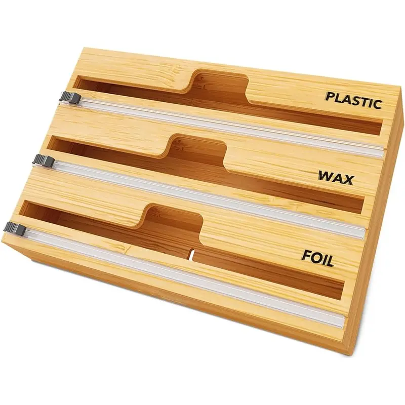 【ORNAMENT】For Kitchen For Plastic Wrap, Aluminum Foil And Wax Bamboo Paper Storage Organizer- 3 In 1 Wrap Dispenser With Cutter