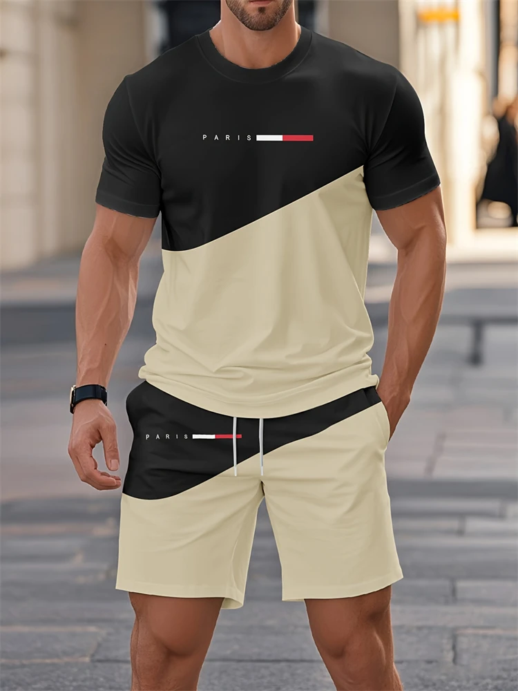 2025 Summer New Two-piece Men's Casual Striped Pattern Printed Short-sleeved T-shirt And Sports Shorts Suit Fitness Sports Suit