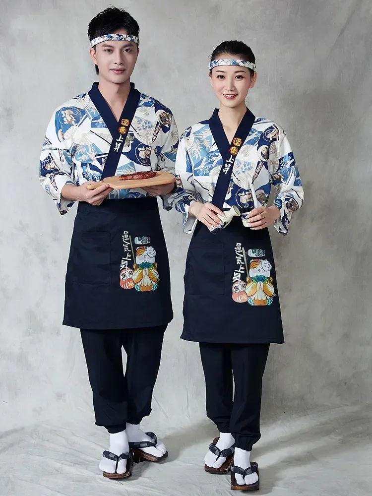 Delantal de estilo japonés para hombre y mujer, chaqueta de trabajo, Tops, ropa de cocinero, diadema, uniforme de cocina