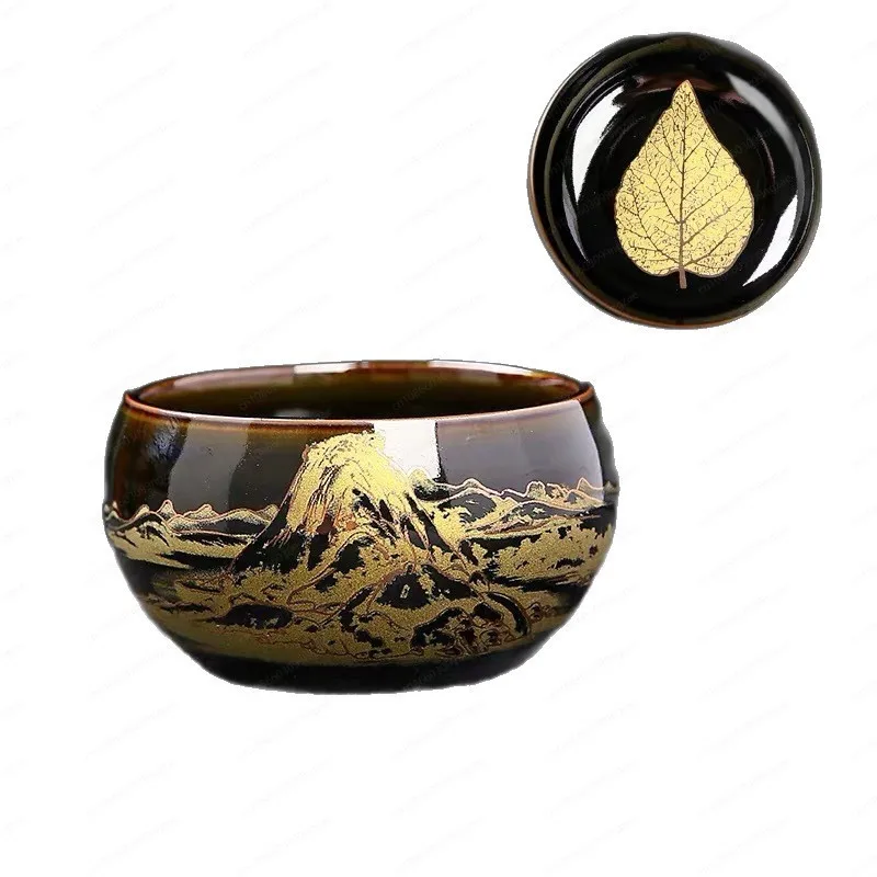 Taza Tenmoku de hoja de madera dorada, taza maestra de cerámica que cambia horno para té Gongfu, tazón para beber té Personal