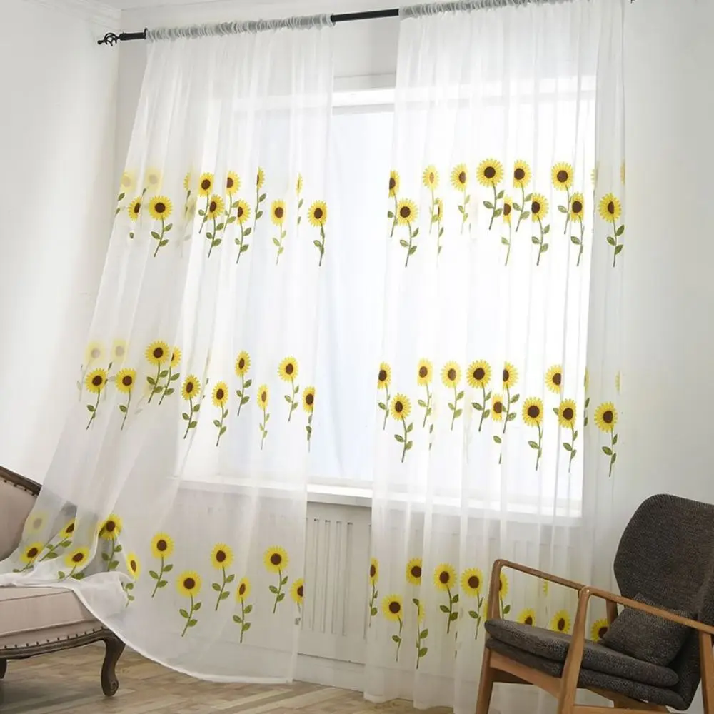 

Gauze Sunflower Tulle Curtain Elegant Romantic Sheer Curtains Pastoral Style 100*250CM Transparent Curtain Home Decoration