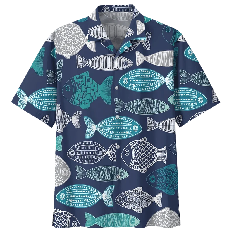 Colorful Fish Hawaiian Shirt For Men Summer 3D Sea Animals Printed Beach Blouse Oversize Lapels Short Sleeve Button Loose Shirts