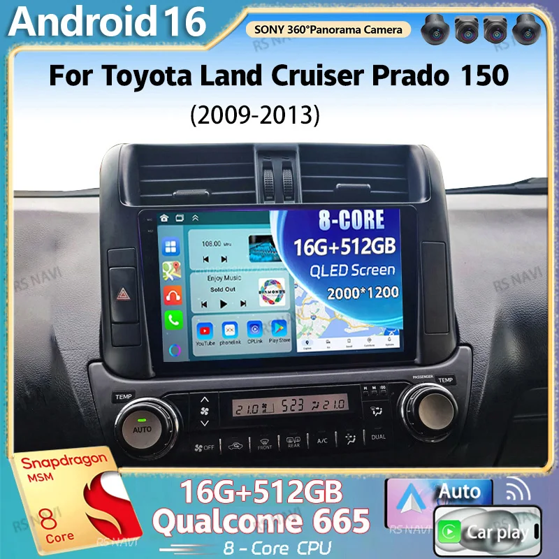 Android 16 For Toyota Land Cruiser Prado 150 2009 - 2013 2K QLED Android Car Radio Multimedia Video Player GPS Stereo CarPlay