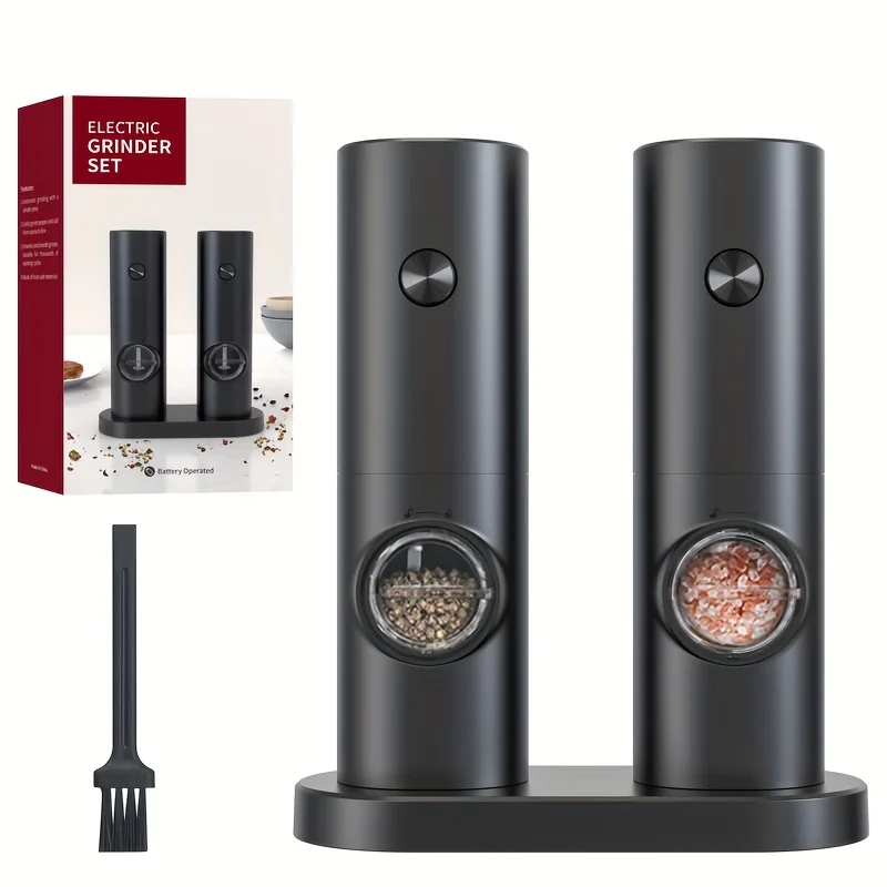 2pc Automatic Electric Pepper Grinder & Salt Mill Set with Base, Adjustable Coarseness, Black (C009)