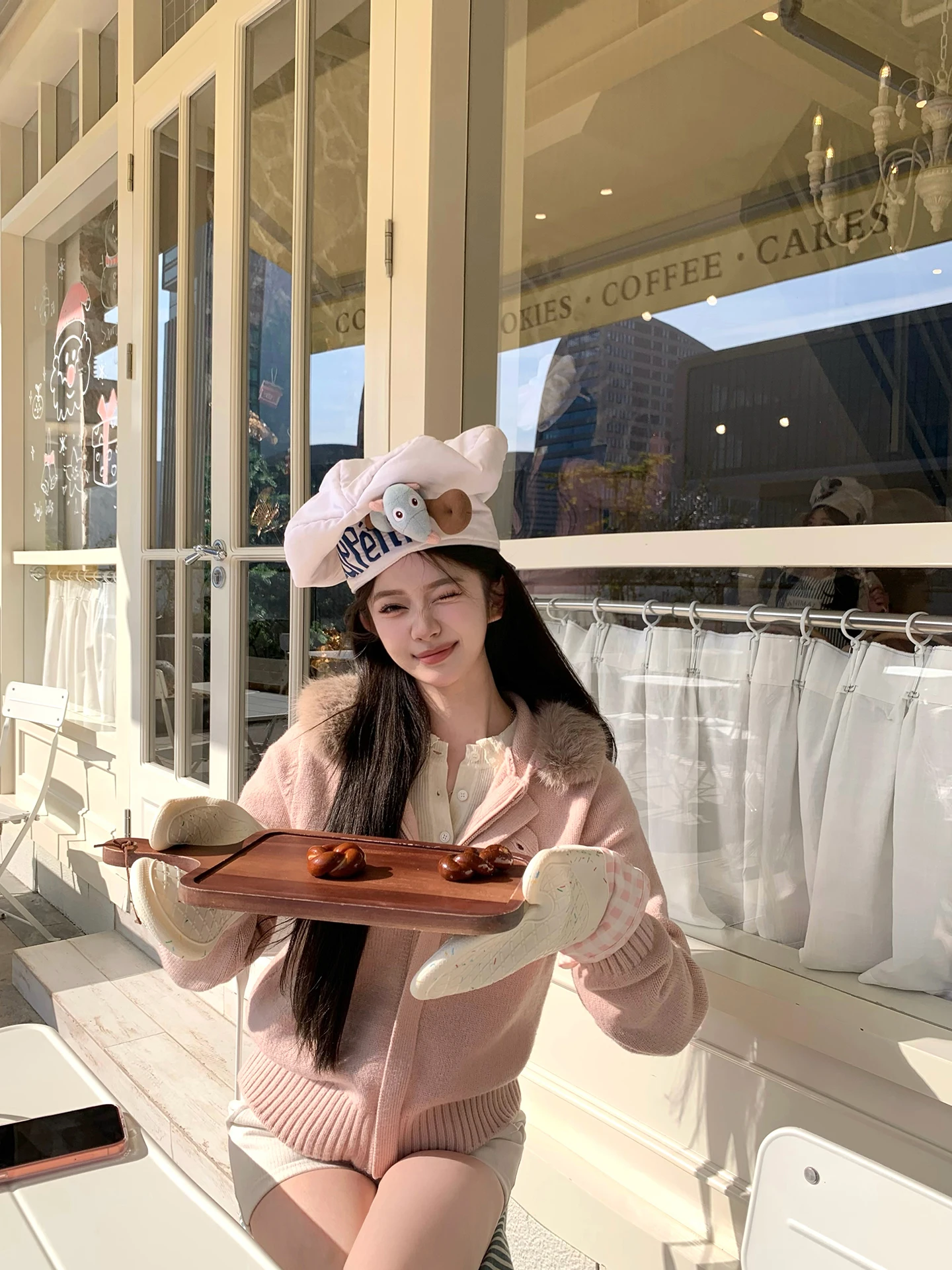 

Chen Jin Milk Cr Knitted Hooded Open Cardigan Women's Removable Fur Collar Pink Top Winter Wear