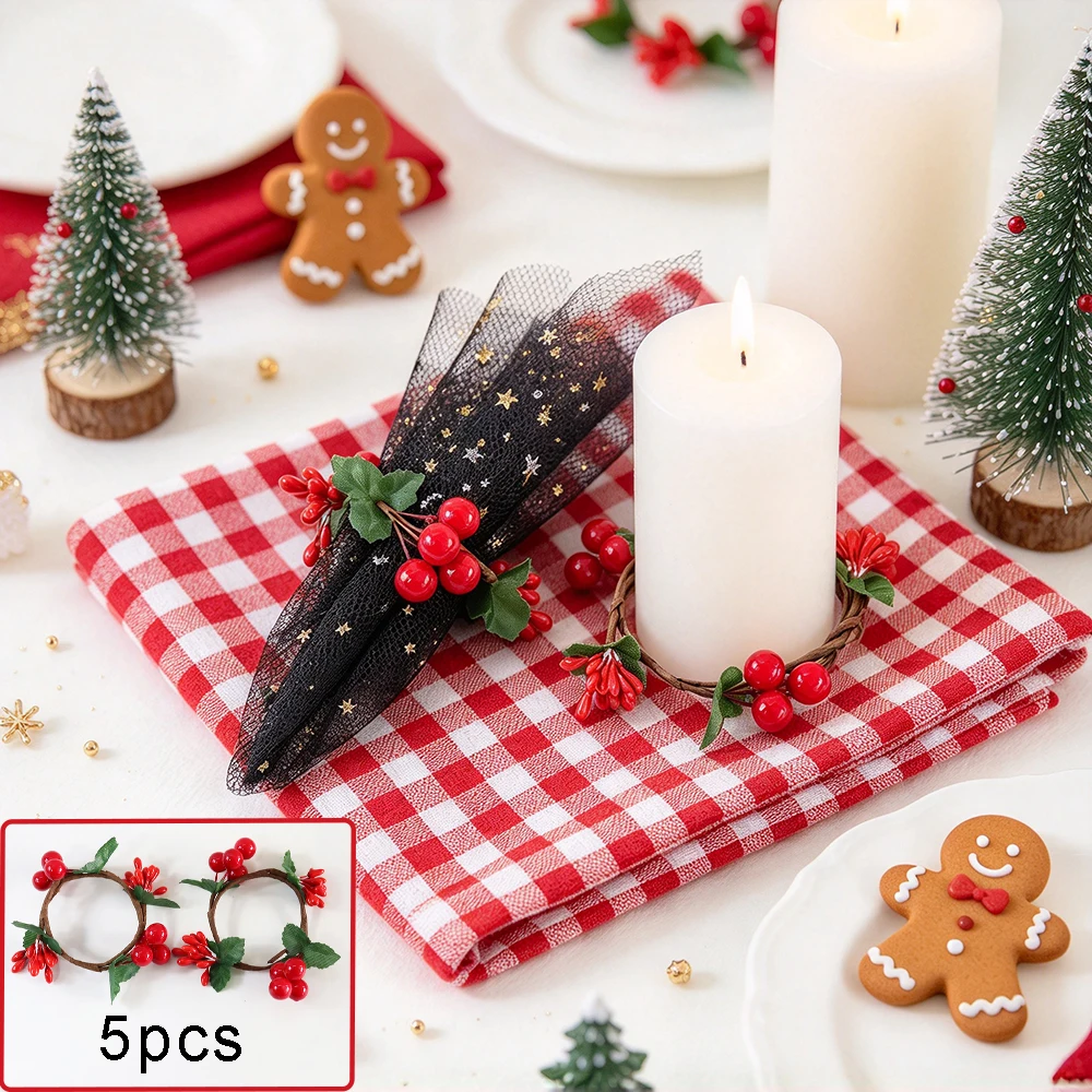 5pcs Simulated Red Berry Christmas Wreath Napkin Ring, Christmas and New Year Candle rings, Romantic Dinner Napkin Rings