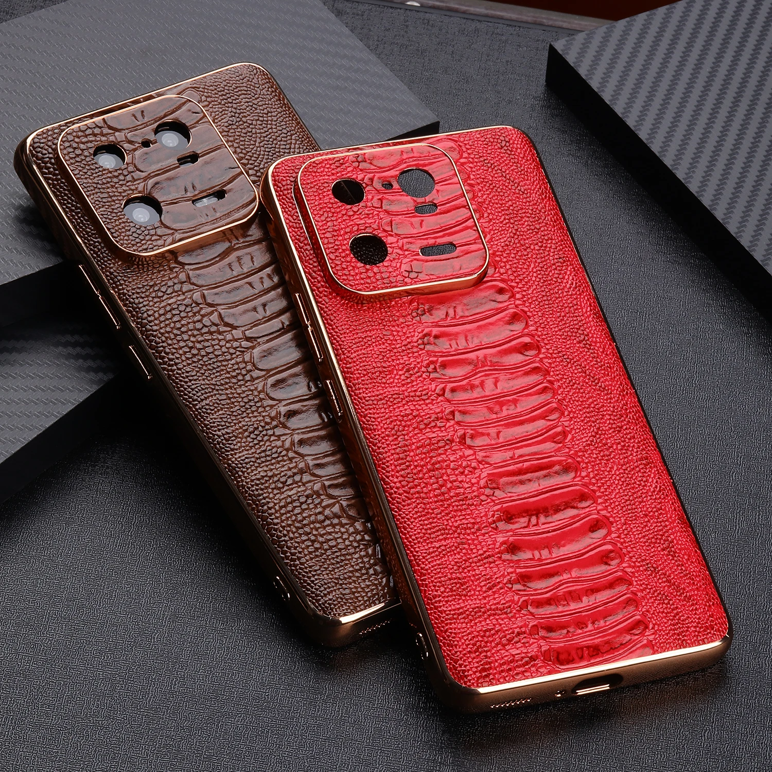 Genuine Cowhide Leather Phone Case for Xiaomi Mi13 Pro Mi 13 Classic Retro Ostrich Skin Pattern Glossy Frame Armor Back Cover