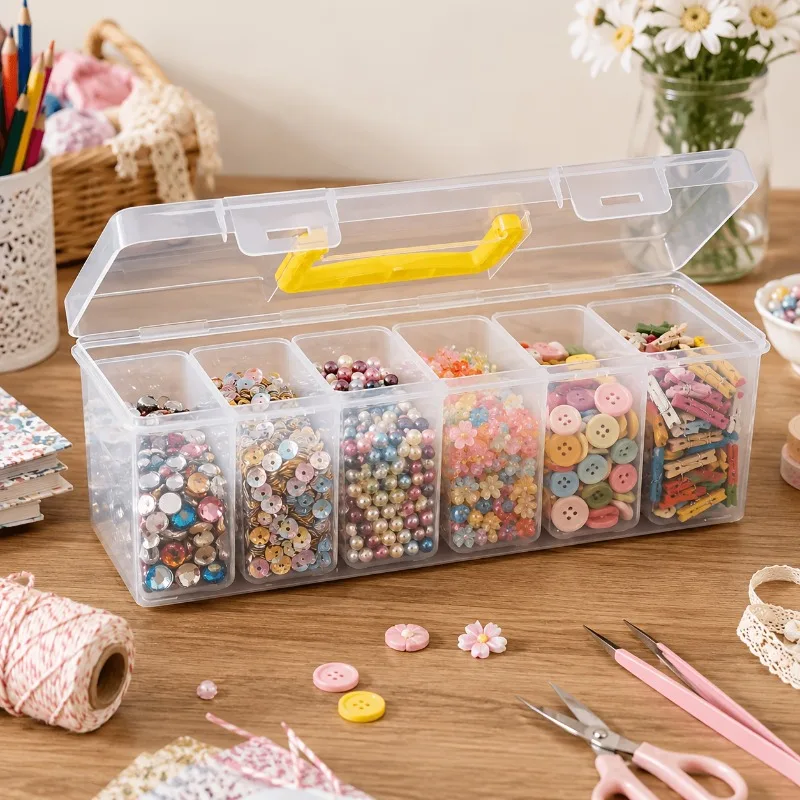 6 Compartments Portable Transparent Storage Box, Detachable Inner Box, Suitable for Buttons, Beads, Jewelry, Sewing Accessories
