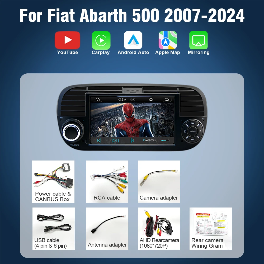 AUTOTOP 7" YouTube draadloze CarPlay autoradio voor FIAT Abarth 500 2007-2017, Android Auto multimediascherm, navigatie, achteruitrijcamera