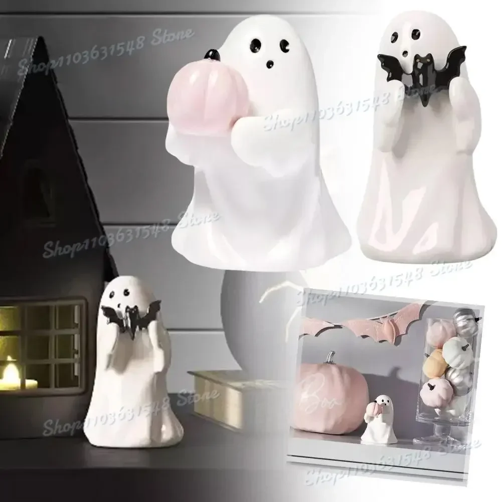 

Newest Resin Ghost Halloween Decorative Figurine Target Spooky Small Ornament Holding Pumpkin and Bat Halloween Decoration