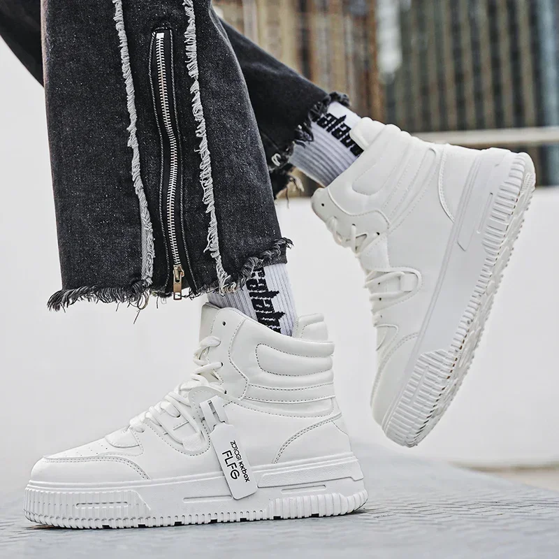 2024 Men Casual Shoes Espadrilles Platform Hidden Increasing Sneakers PU Leather Shoes Woman Breathable High Top White Footwear