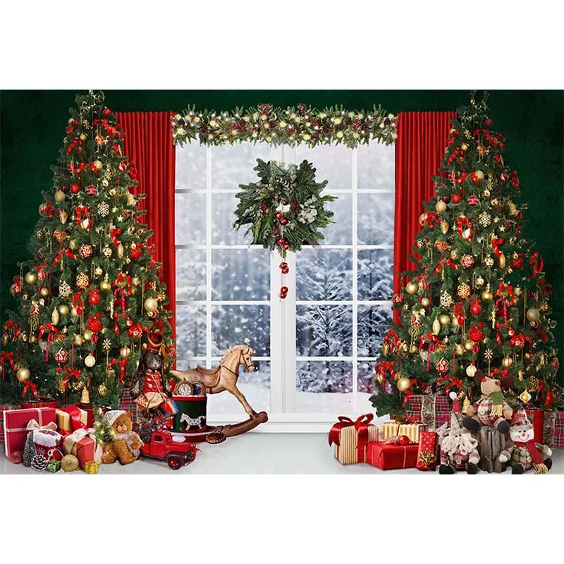 Christmas Backdrops Photography Window Wreath Snowflake Trojan Horse Kids Portrait Decor Background Photo Studio Photocall