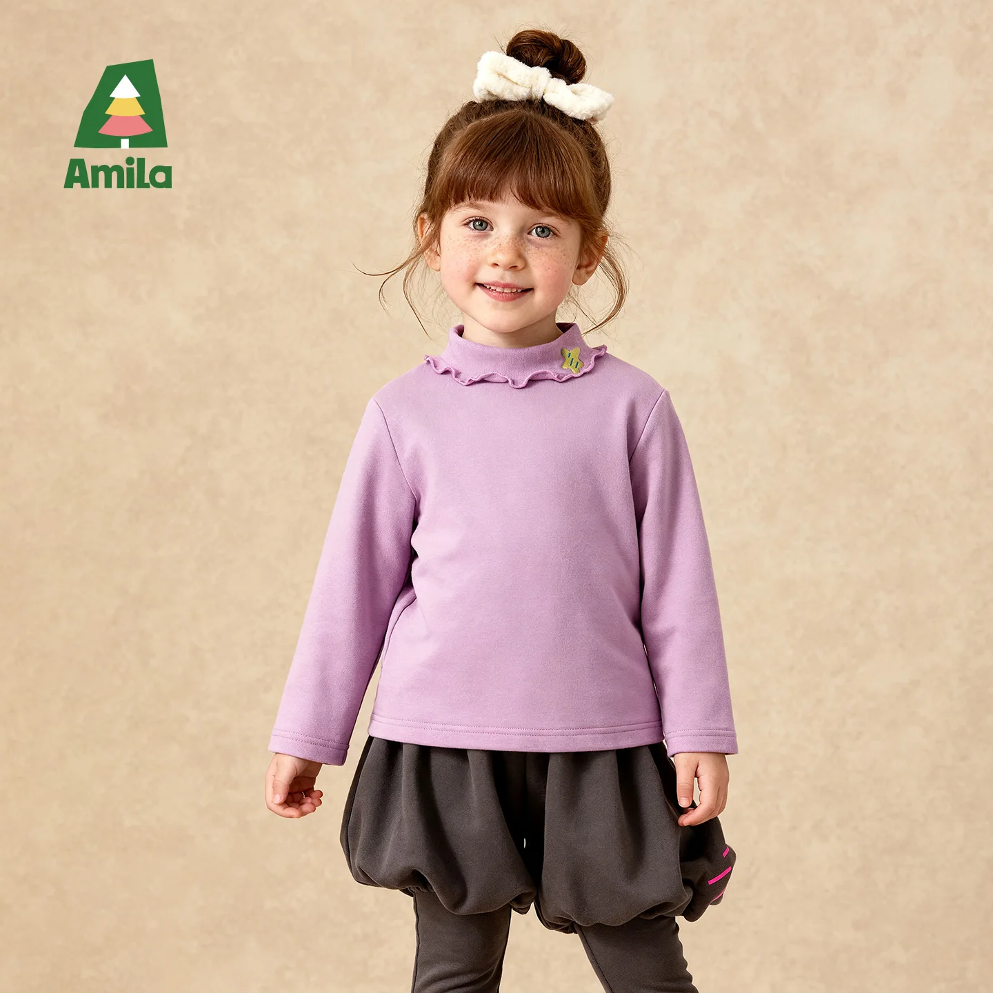 Amila 2026 Kids Winter Girls' Warm Long Sleeve Bottom Top With Lotus Leaf Half High Neck And Velvet Lock For Warmth