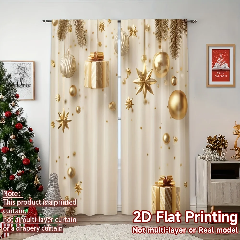 2PCS Christmas Curtains, Gold Gift Box Ball Star Pine, Digital Print, Bedroom Living Room, Rod Pocket Polyester, Home Decor