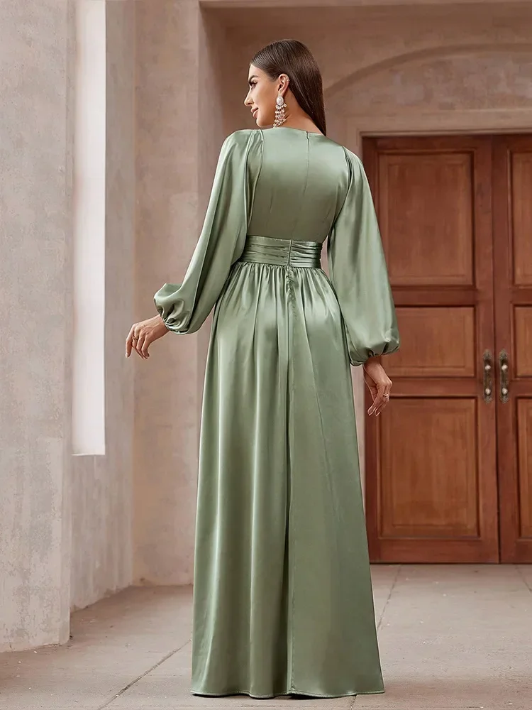 

Autumn/winter Women's Loose Dress Elegant Style V-Neck High Waist Fashion Pleated Satin Dress Evening Femme Party Gown Vestidos