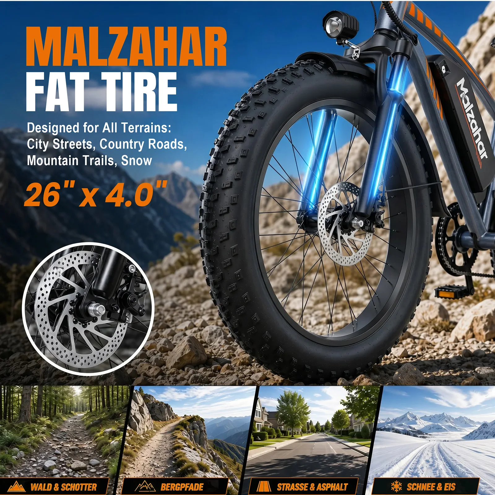 Bicicleta Eléctrica Malzahar F01 48V 23.4Ah para Adultos, Neumáticos Gruesos de 26*4 Pulgadas, 7 Velocidades, Asistencia Eléctrica, Alcance de 60-80 km, Motor de 250W, Batería de Litio Extraíble, Frenos de Disco, Todoterreno, Nieve, Arena, Playa, Carretera, Bicicleta Eléctrica para Desplazamientos con Asiento Trasero