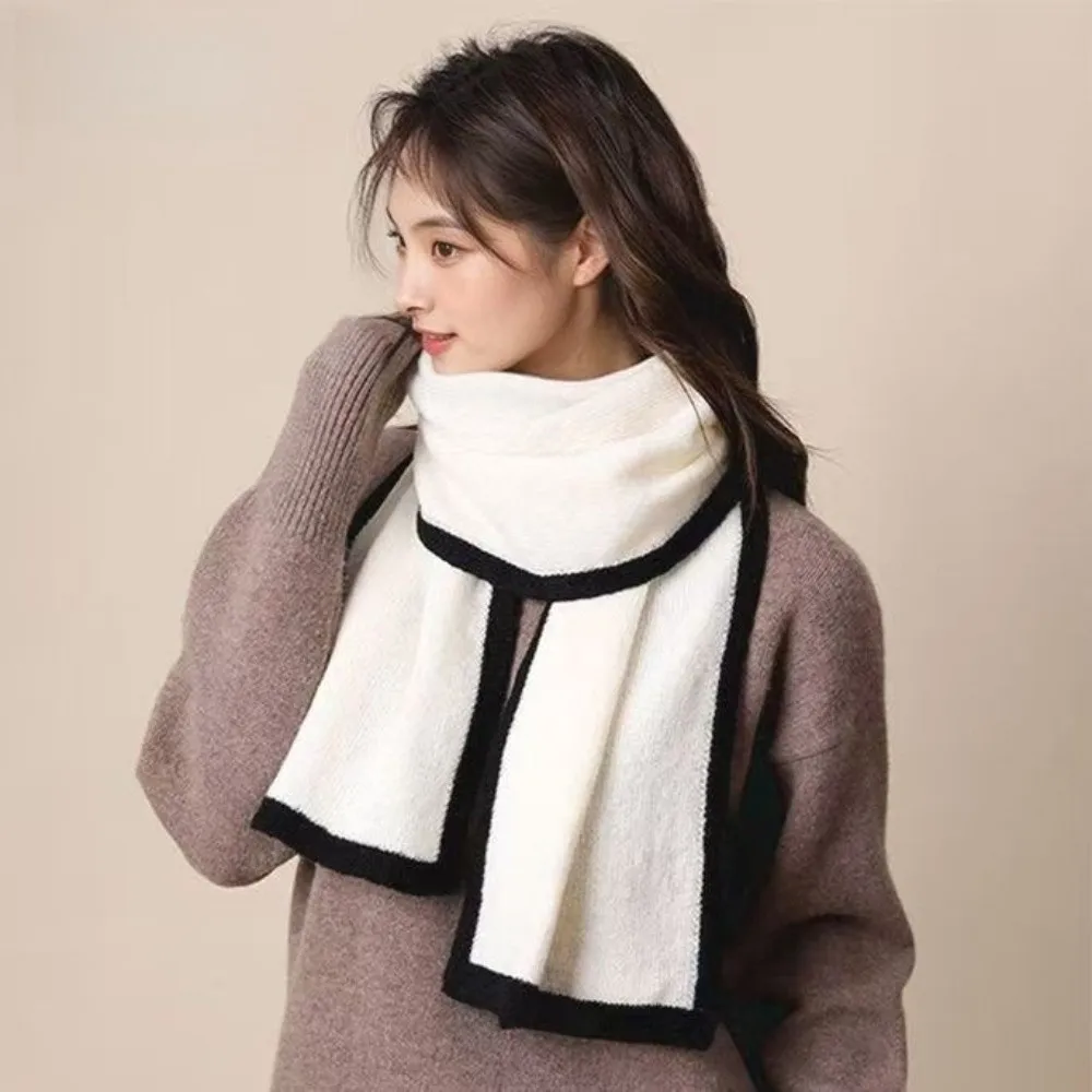 Solid Color Winter Knit Scarf Warm Soft Material Contrast Edge Woolen Scarf Double-Sided Design Casual Style Versatile Scarf