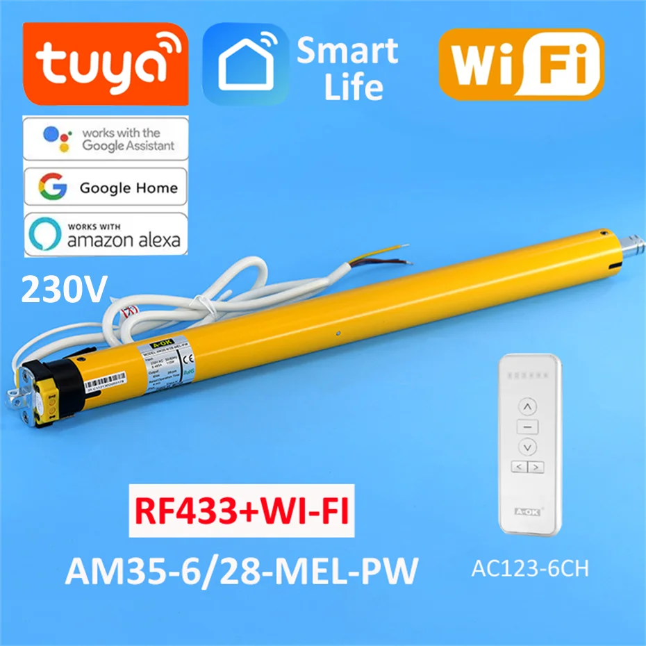 A-OK AM35 6/28 Smart Blinds Tubular Motor,RF433+Tuya wifi app,for 40mm/45mm/47mm/50mm Tube Rolling Shutter,via Alexa Google Home 