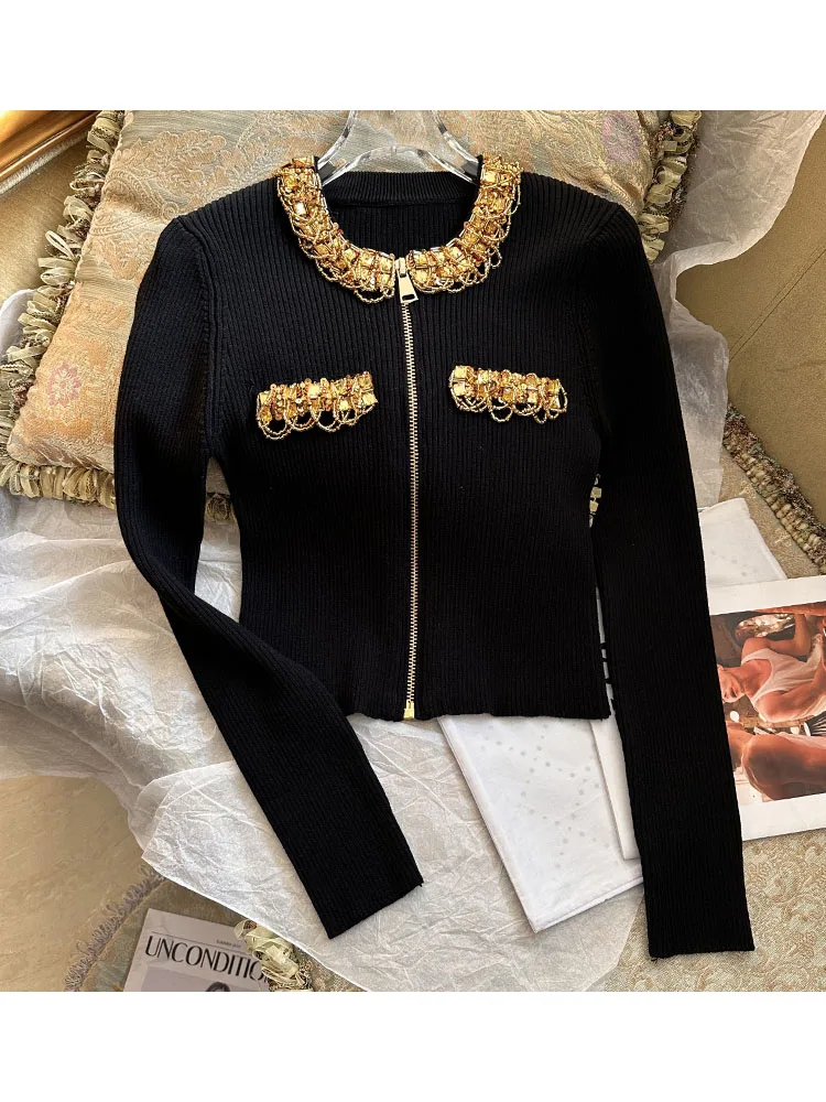 HIGH STREET Newest 2024 Designer Jacket Women\'s Gold Beaded Sequins Zipper Long Sleeve Knitted Cardigan