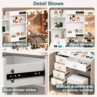Teousev White LED Makeup Vanity Set with Sliding Mirror, 3-Color Dimmable Lights, 6 Drawers & Stool, Modern Dressing Table 5