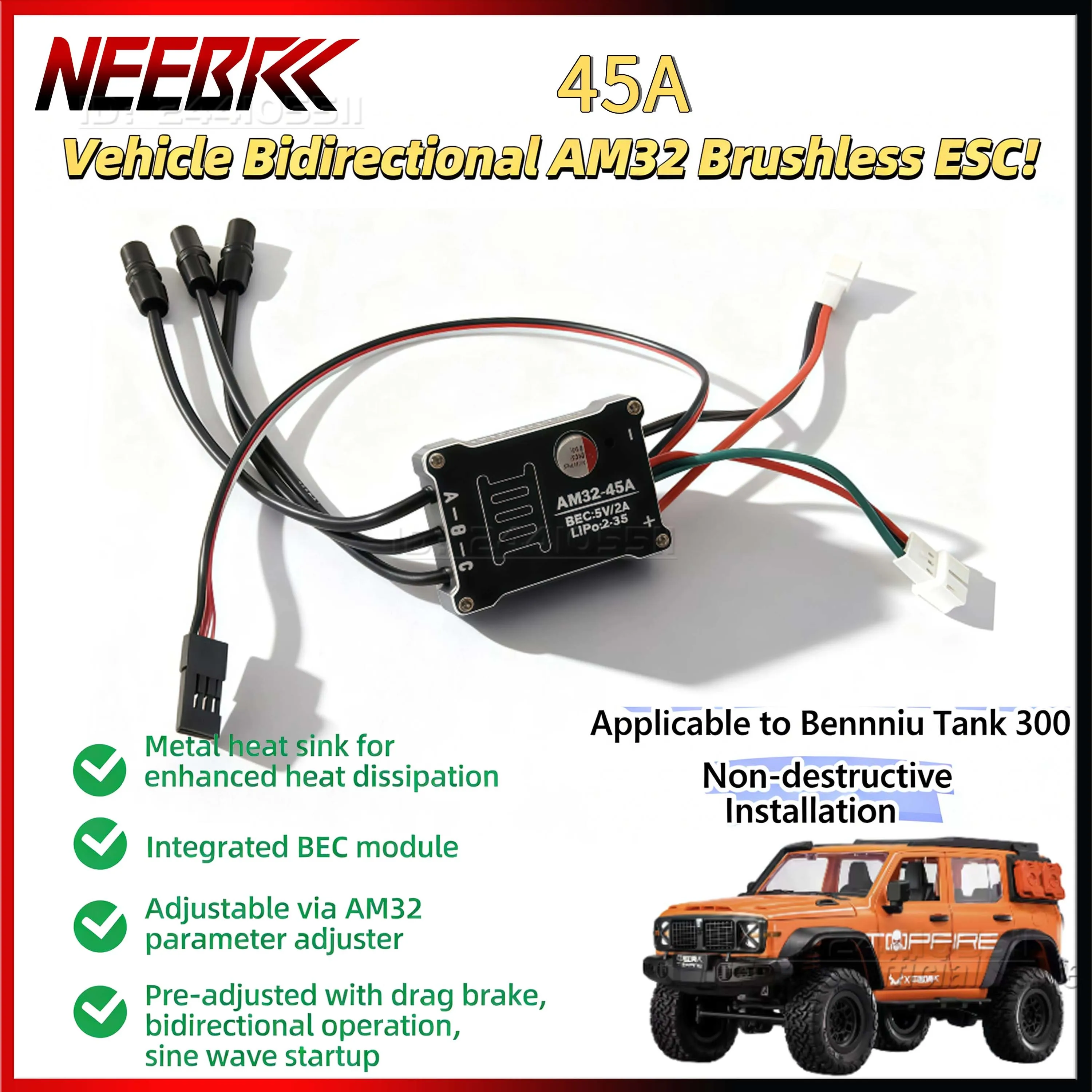 

NEEBRC AM32 45A Brushless Metal Waterproof Vehidle Bidirectional ESC MX2.0 Plug for RC Car MN Tank 300/Climbing/Off Road Parts