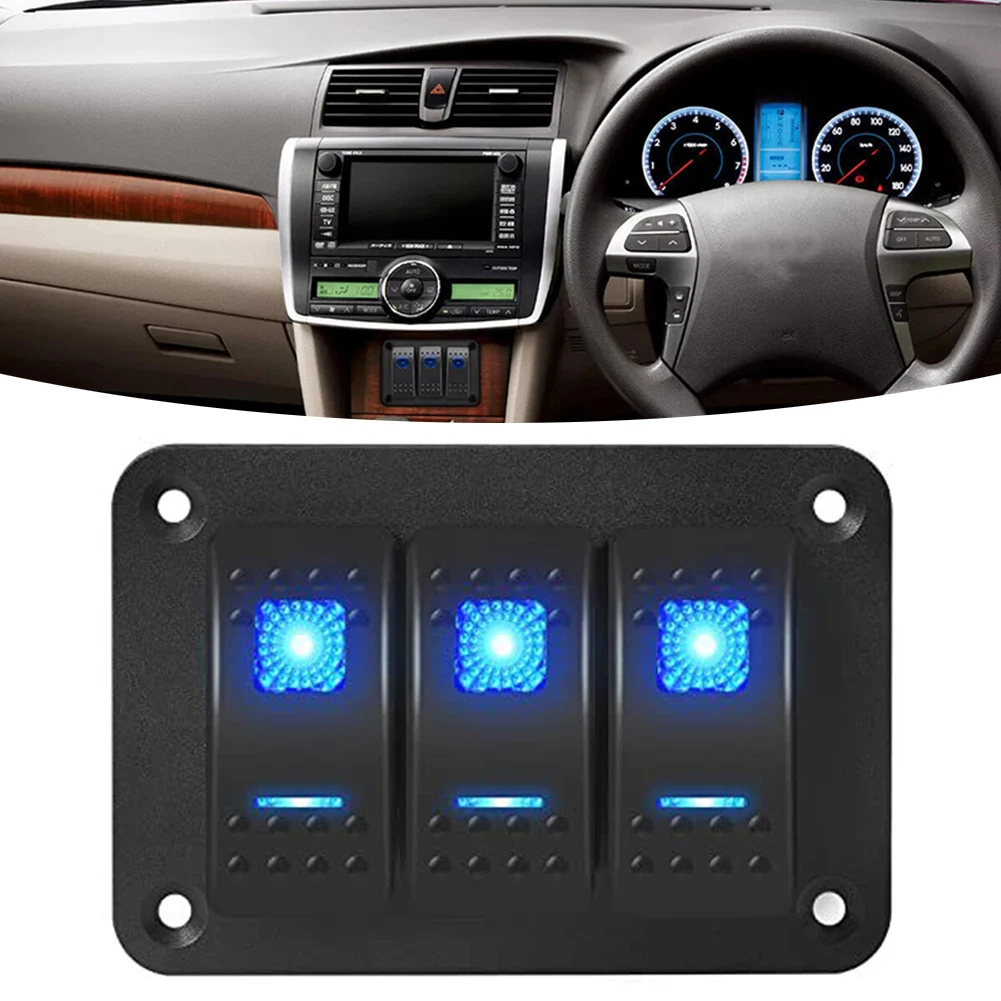 Marine Switch Panel Waterproof 12V 3 Gang Rocker Switch Panel Blue LED Light Pre-Wired For Easy Installation