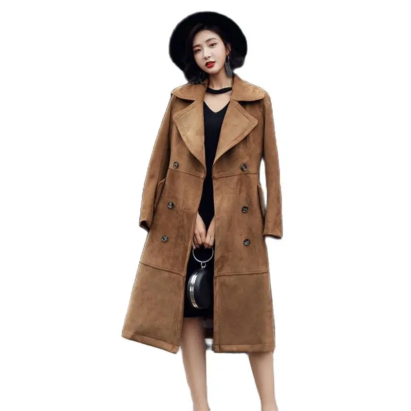 

2023 Autumn Winter Faux Chamois Suede Trench Coat Women Long Windbreaker Outerwear Female Double-breasted Overcoat With Lining