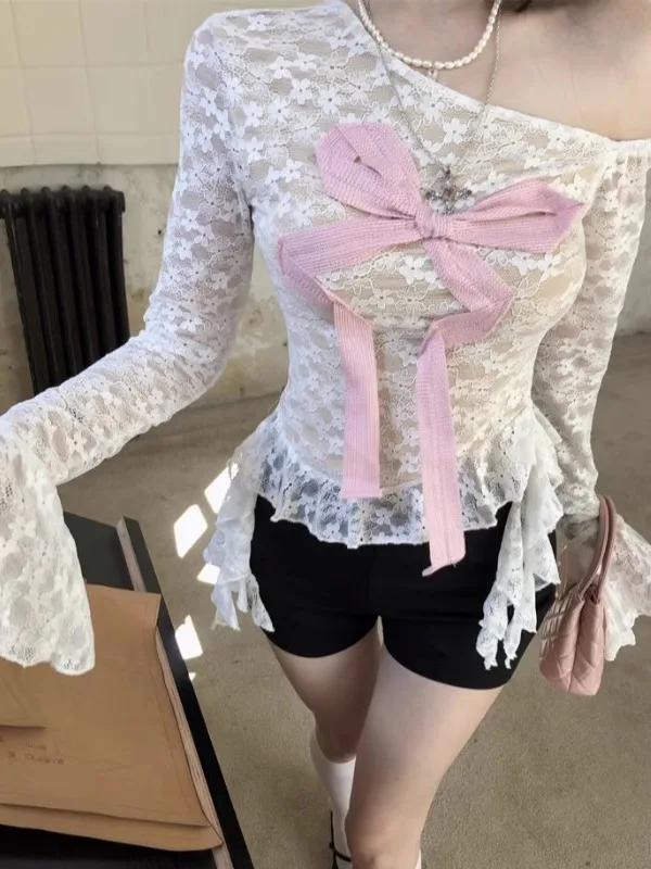 

Sweet And Spicy Girl Shoulder Bared Long Sleeve Lace Shirt Women Early Autumn Small Audience Absolutely Beautiful Color Colli...