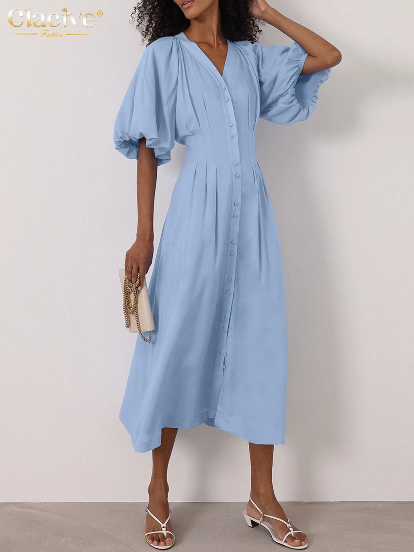 

Clacive Summer Loose Blue Women's Dress 2025 Fashion V-Neck Puff Sleeve Midi Dresses Elegant Classic Slit Solid Female Dress