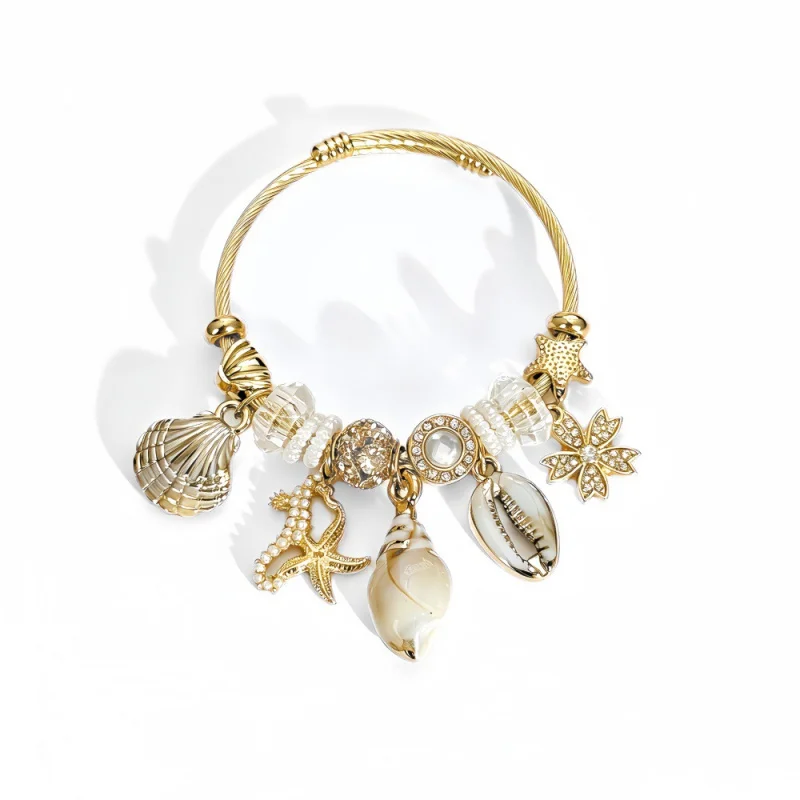 Summer Ocean Shell Charm Bracelet Gold Adjustable Wire Bangle Starfish Conch Crystal Beads Beach Ladies Bracelet
