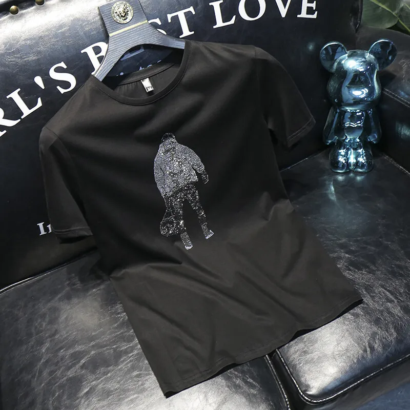 

Мужская модная футболка из шелкового хлопка с коротким рукавом, украшенная стразами, в трендовом городском стиле, легкая, больших размеров