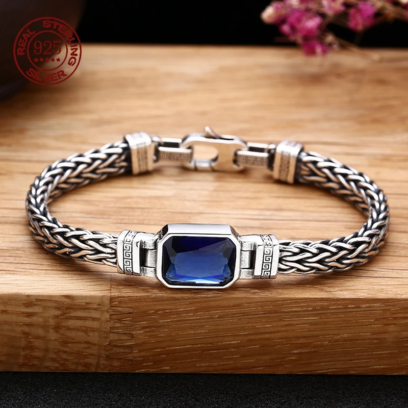 Factory Price S925 Sterling Silver Men Women Weave Bracelet Blue Stone Personalized Versatile Fashion Jewelry  Creativity Gift