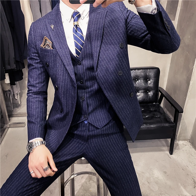 (Jacket+Vest+Pants) Men High Quality Double-Breasted Suits/Male Slim Fit Business Blazers/Man Cotton Groom\'s wedding Dress S-3XL