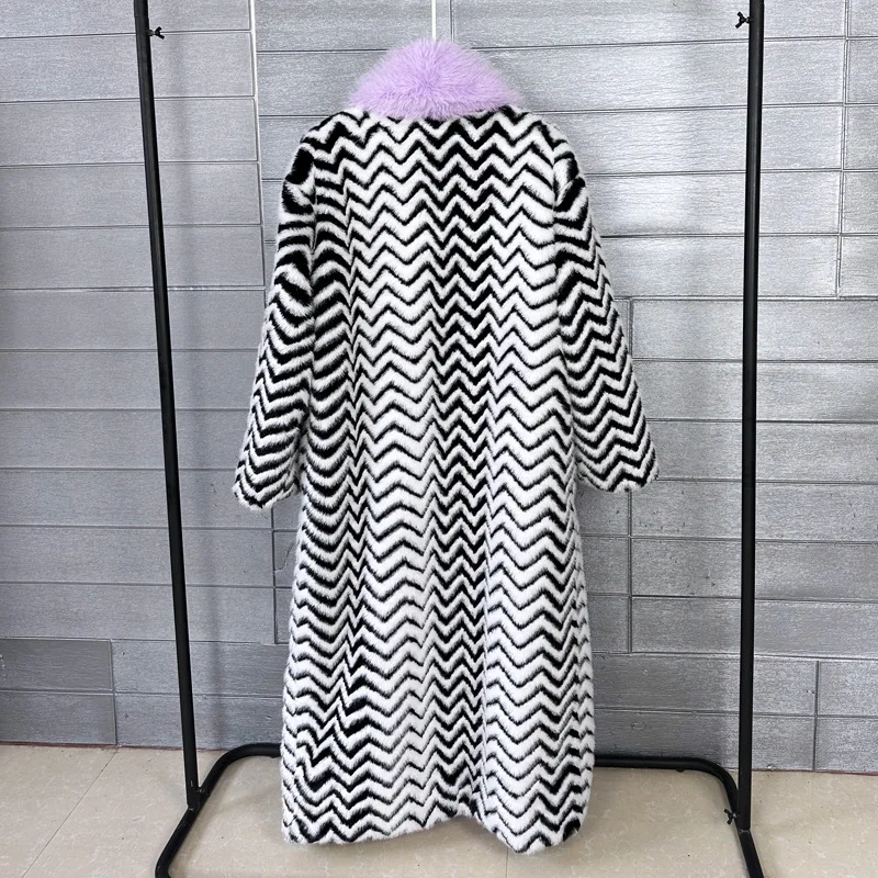 겨울 코트 공장 직판 오리지널 디자인 인조 모피 코트 스트라이프 패치워크 플러시 롱 재킷 여성 아우터웨어