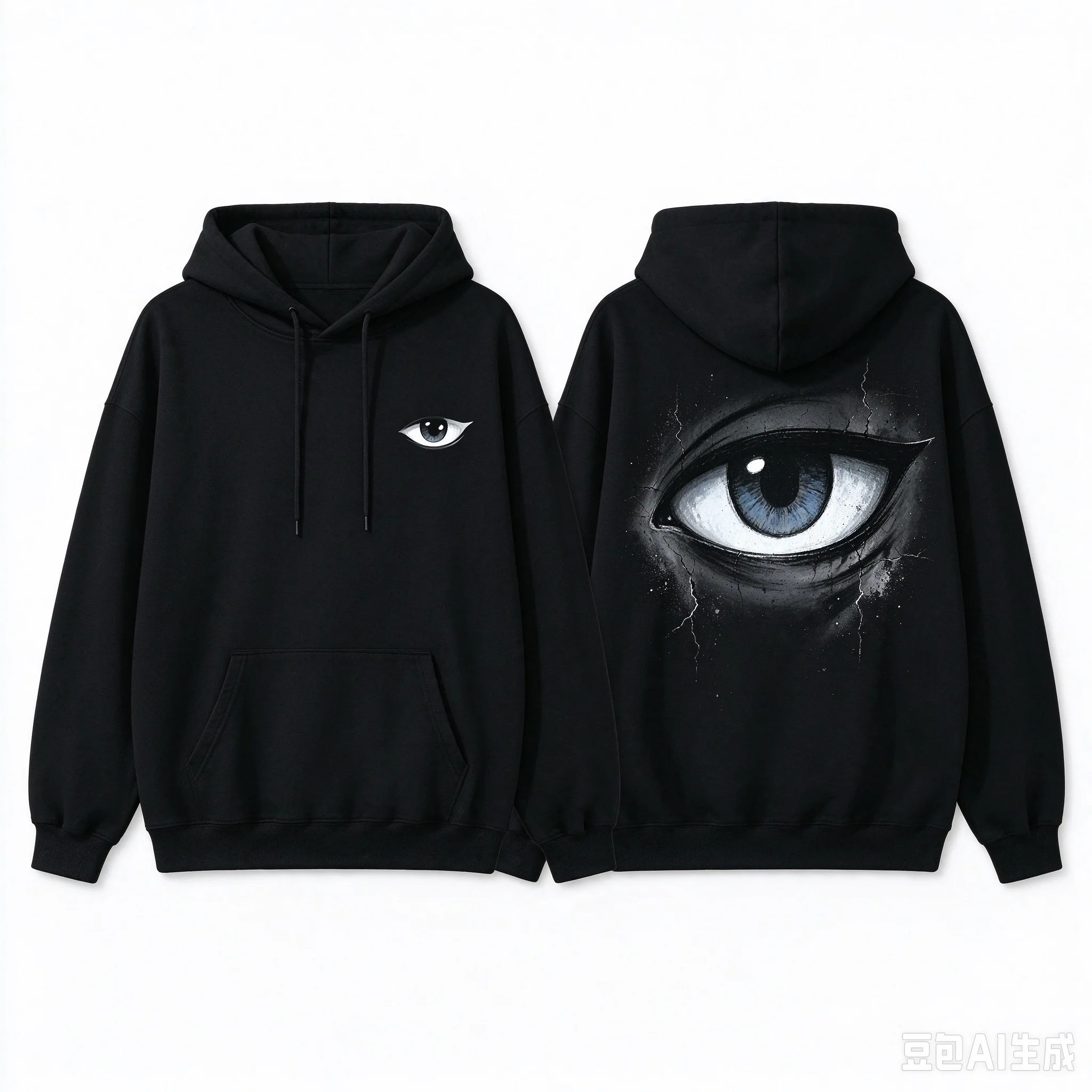 Men's Loose Drawstring Hoodie, Right Chest Small Eye Logo, Back Big Eye Graphic Pullover, Streetwear Casual Sweatshirt