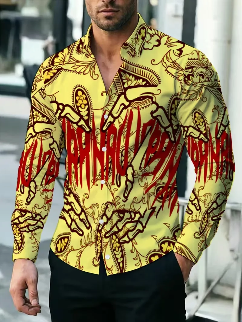 Men Long Sleeve Button Down Shirt Yellow Retro Graffiti Hand Paisley Print Polyester Lapel Collar Street Party