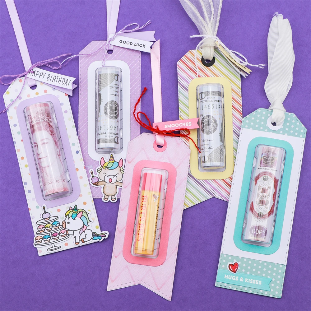 Klare rechteckige Kuppel aus Kunststoff, selbstklebende Lippenbalsambeutel, Geldhalter/Süßigkeiten-Metall-Stanzformen für DIY-Handwerk, Geschenkkarten