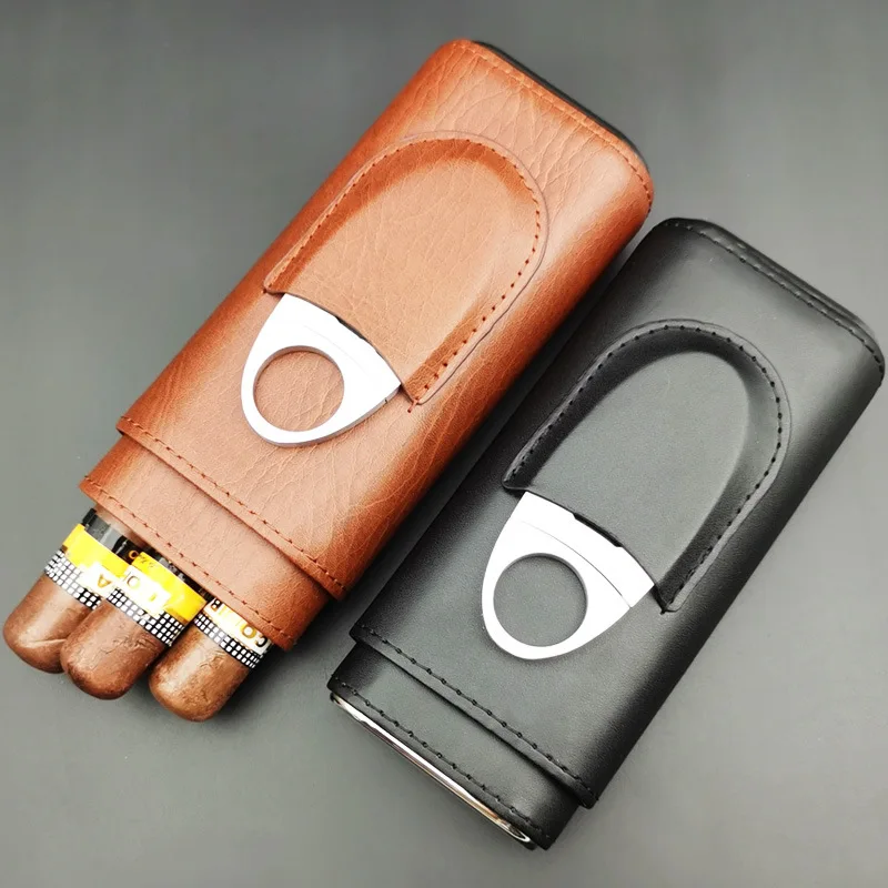 Leather Cigar Case Three-Finger Cigar Pouch with Cedar Wood Lining Cigar Accessories