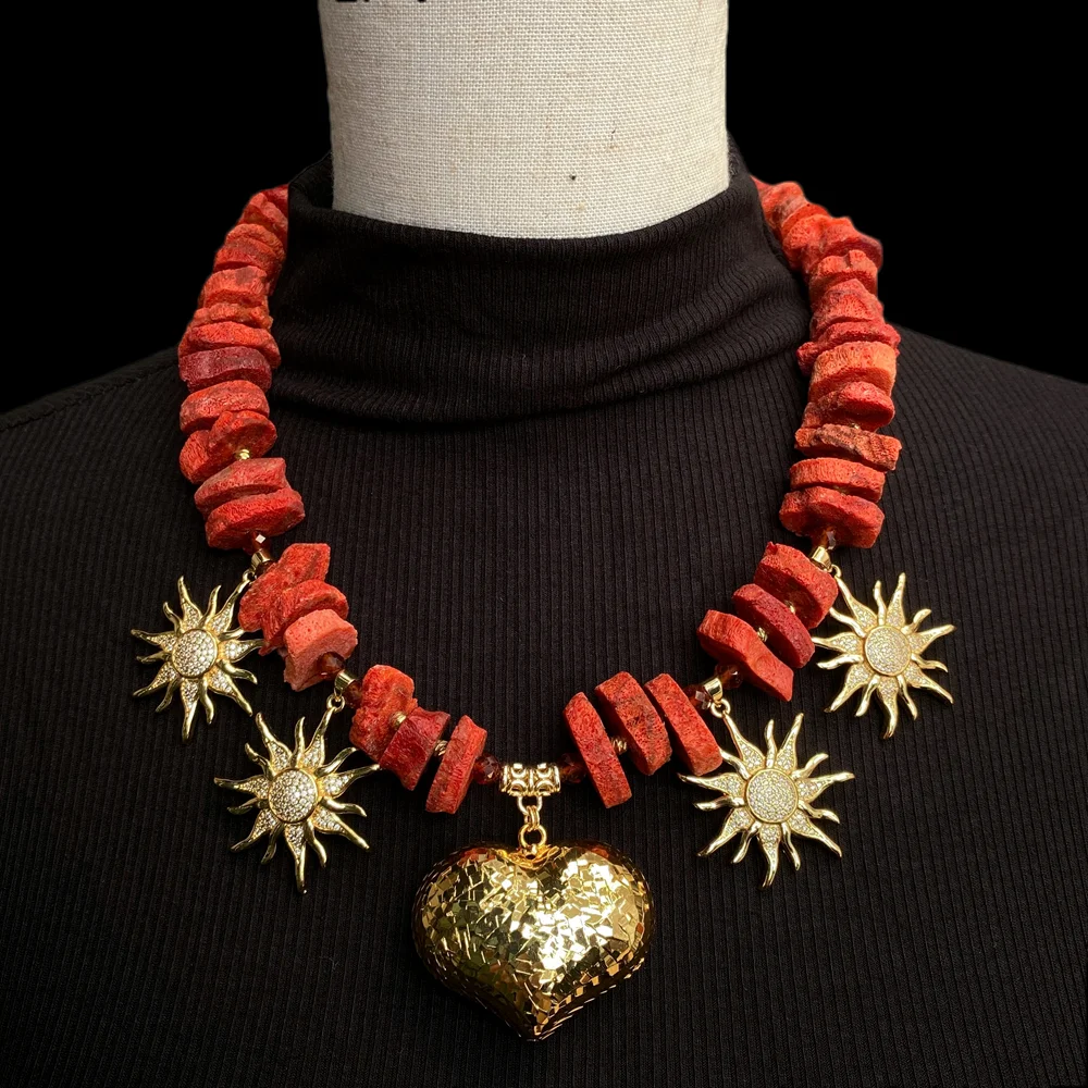 Boho Statement Necklace Women Red Sponge Coral rondelle Choker Gold Sun Charms Large Hammered Heart Pendant Necklace