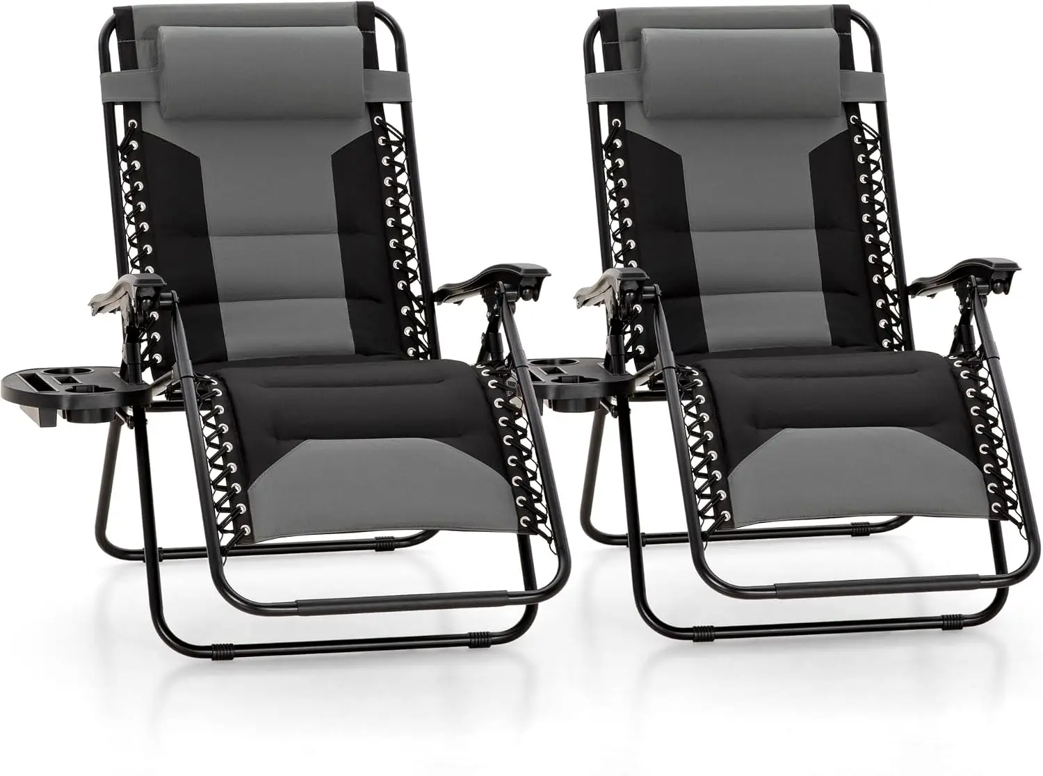 ^Padded Zero Gravity Chair Set of 2, Folding Patio Lounge Recliner with Adjustable Pillows & Cup Holder for Poolside Backyard