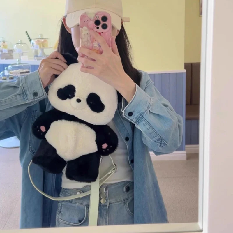 Cartoon Cute Panda Shape Backpack Nylon Plush Material 2 Sizes Available Removable Shoulder Strap Bag Fashion Women\'s Makeup Bag