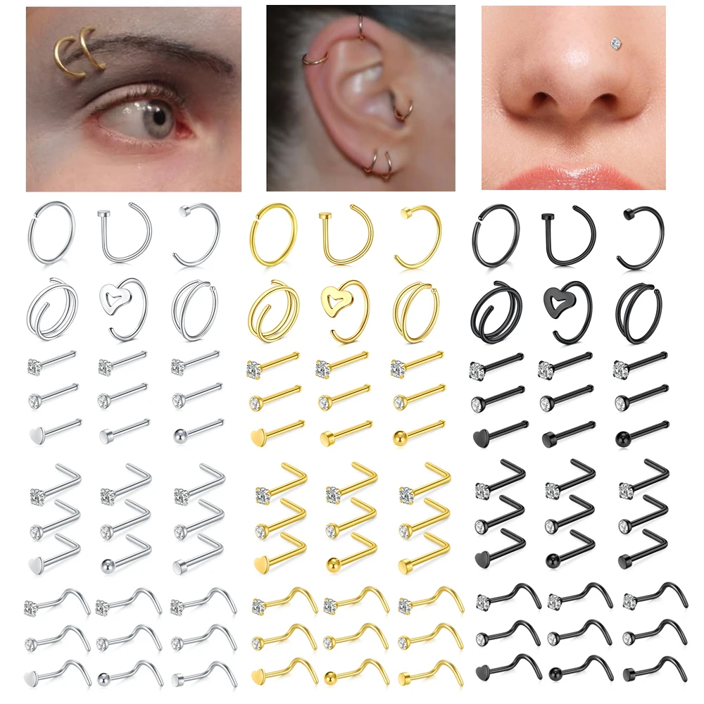 15Pcs/Set Stainless Steel Nose Ring Nose Stud Earrings Punk Bend Nose Stud Septum Piercing Jewelry Classical D Shaped Nose Ring