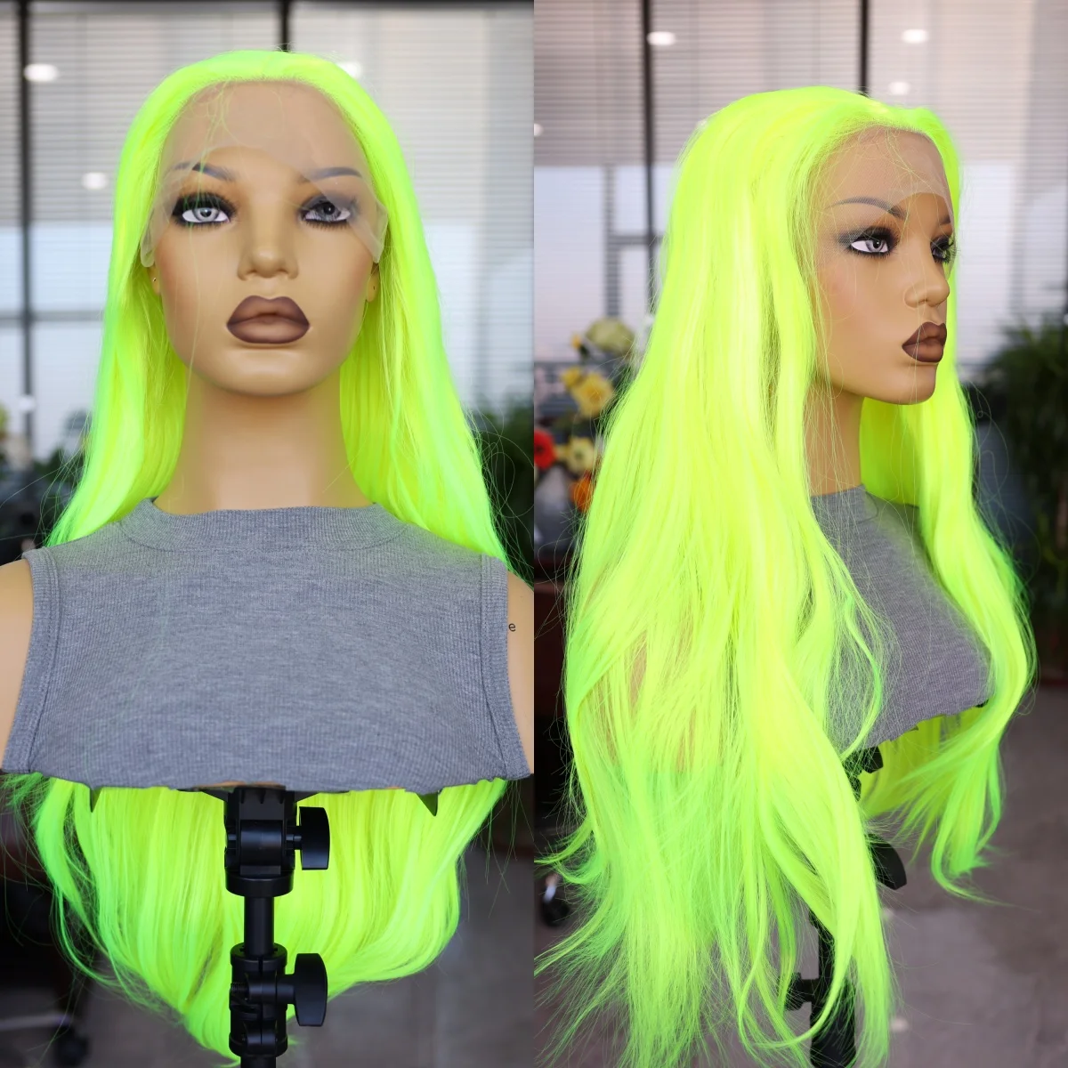 Green Synthetic Lace Wig for Cosplay Concert Long Fluorescent Green Straight Hair Wig No Gel No Falling Natural Hairline