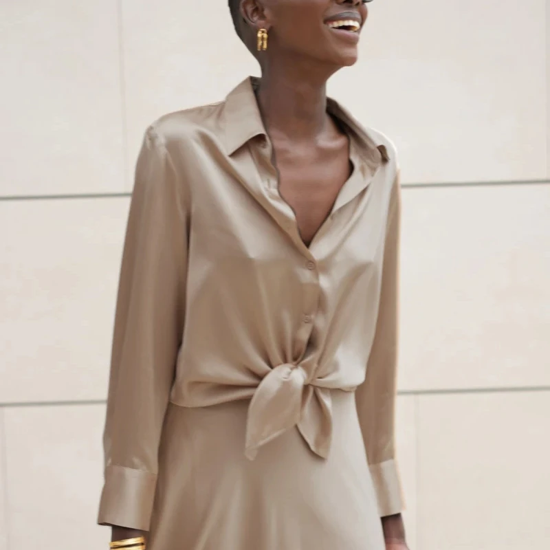 ฤดูใบไม้ผลิ 19 มม.ผ้าไหม 100% ผู้หญิง Designer Luxury Elegant เสื้อแขนยาว Silky ซาตินเสื้อทํางาน SLIM FIT การออกแบบที่ไม่ซ้ํากันเสื้อผ้า