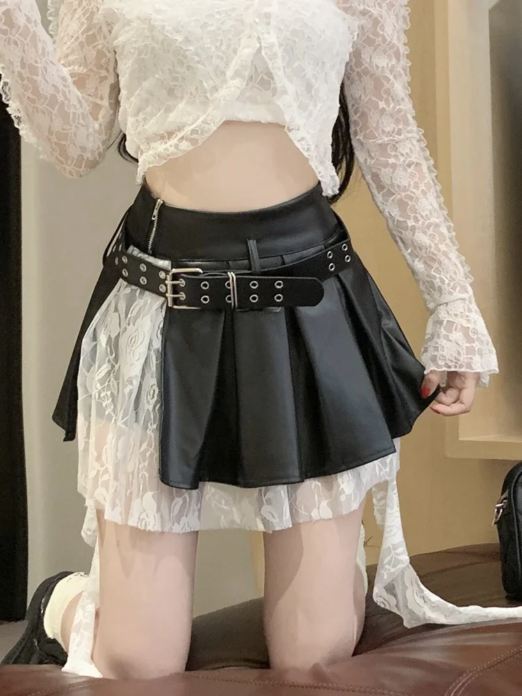 Schwarzer Spitzenrock, plissierter Lederrock, Damen, schlankmachendes kurzes Kleid, unregelmäßiges Design, vielseitiges Patchwork ZT274
