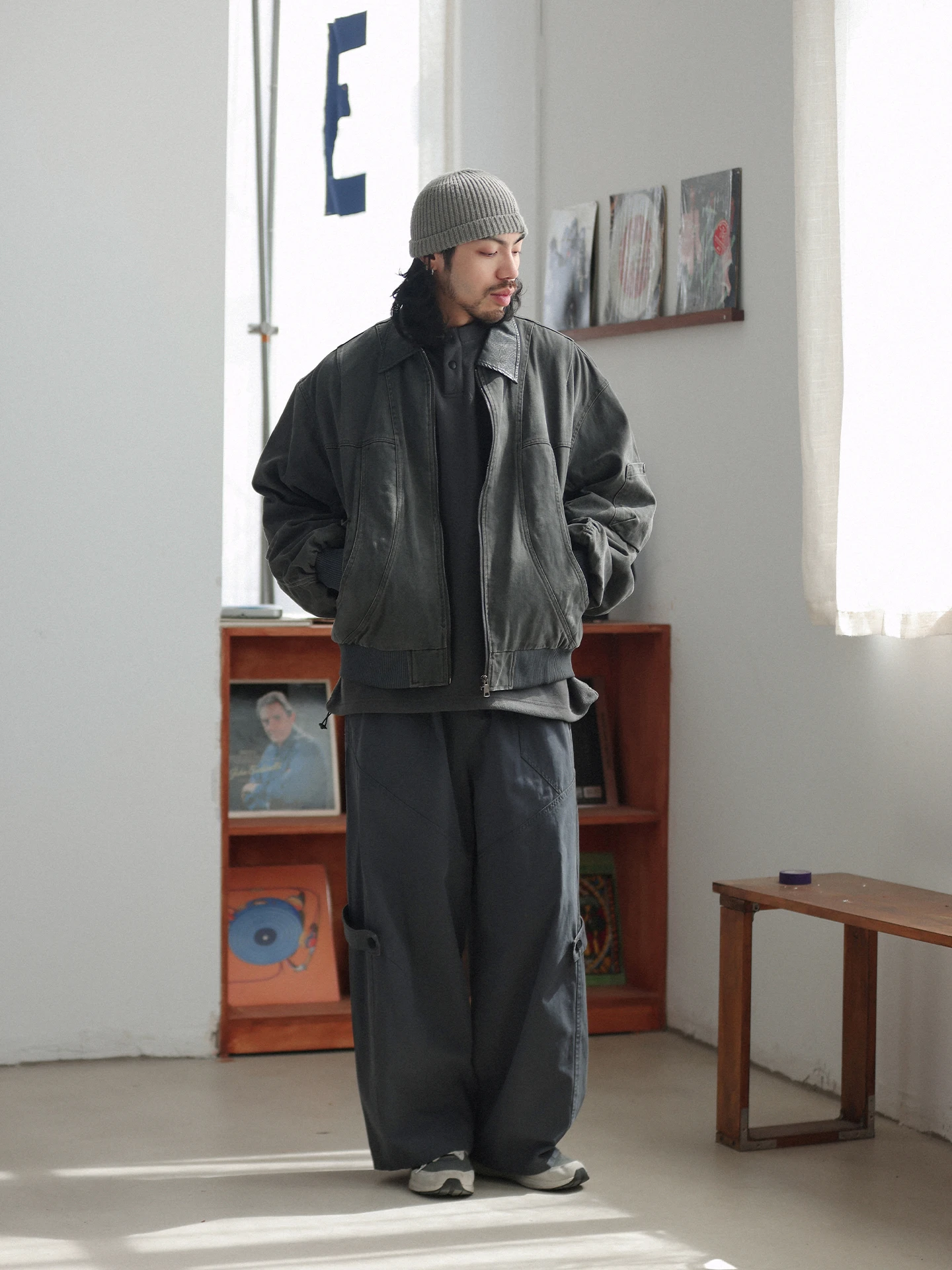 

NOEARS Japanese Sle Loose Straight Leg k Blue Elastic Waist Work Pants Retro Dstring Casual Pants Cool And Haome