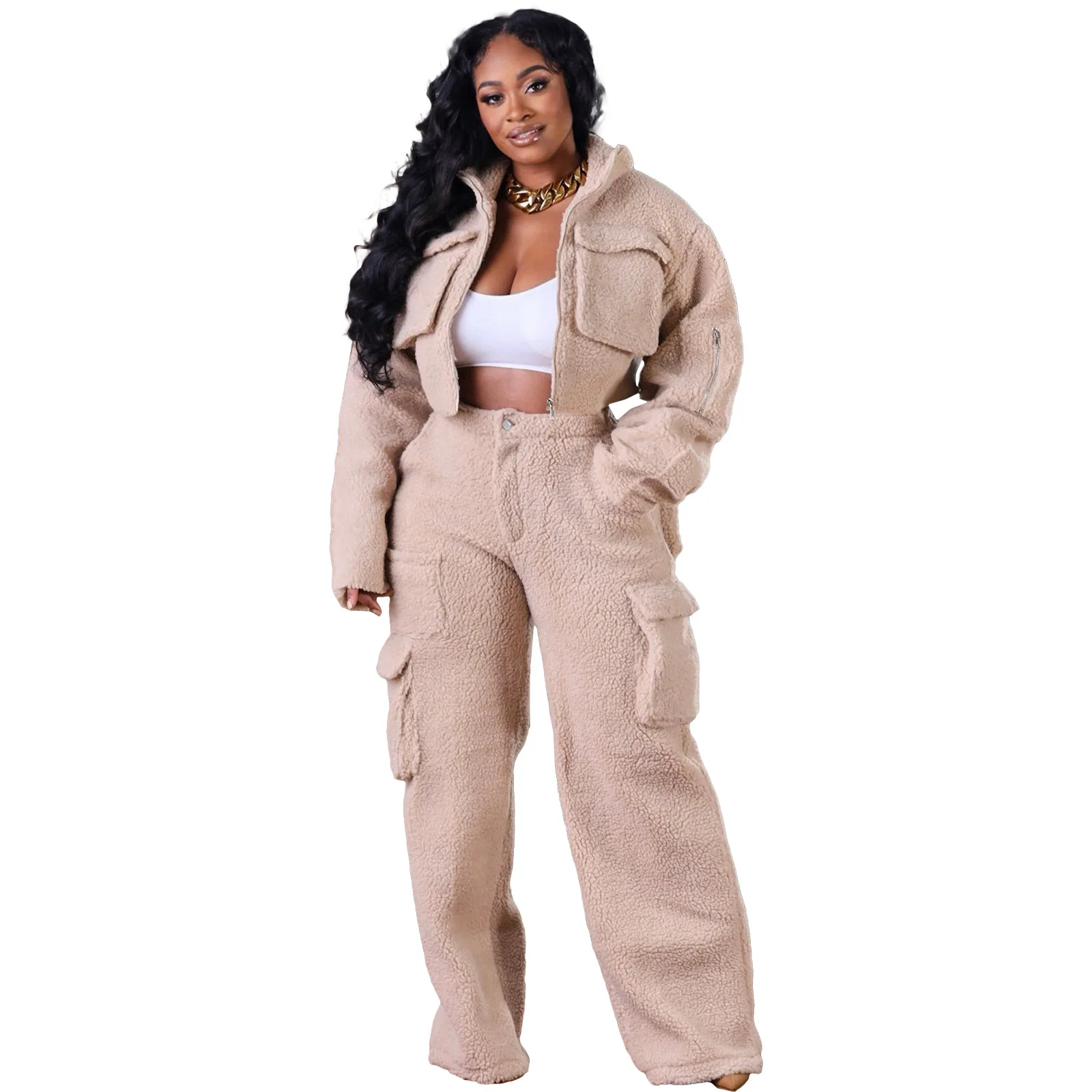 Two Piece Sets Women Solid Pant Set Stand Collar Zipper Full Sleeve Short Tops Long Cargo Pants Tight High Waist Autumn Winter